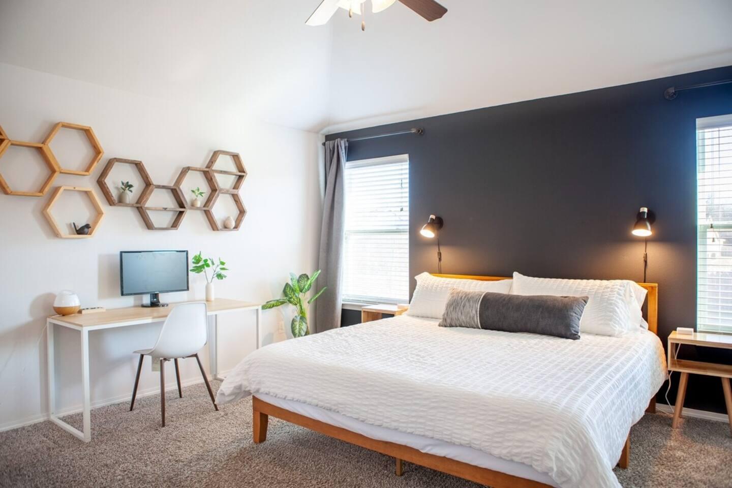 Master Bed - King bed with desk and 24" computer monitor provided.
Memory Foam Bed with soft and firm pillows.