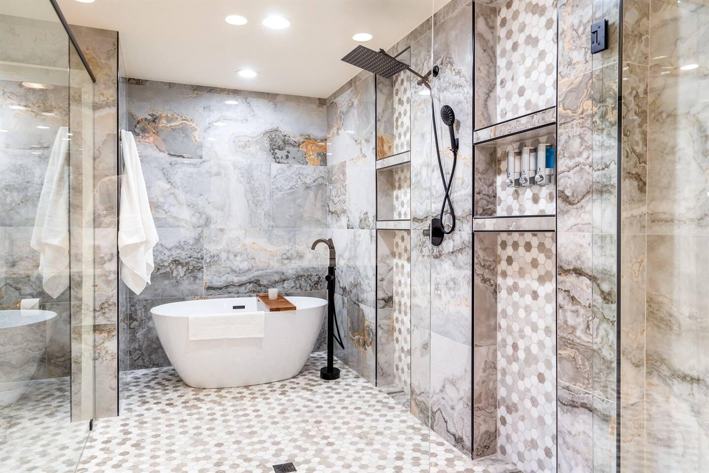 Master bathroom - overhead steam shower and a deep soaking tub.